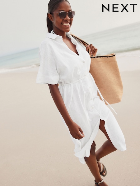 White Short Sleeve Tie Waist Midi Dress with Linen (AW4013) | £34