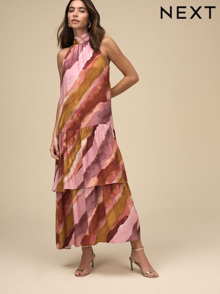 Pastel Pink And Orange Blurred Stripe Halter Tie Neck Layered Maxi Dress (AW4022) | £115