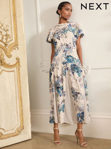 Blue/ White Floral and Blue Spot Short Sleeve Crew Neck Spliced Midi Dress (AW4023) | £70