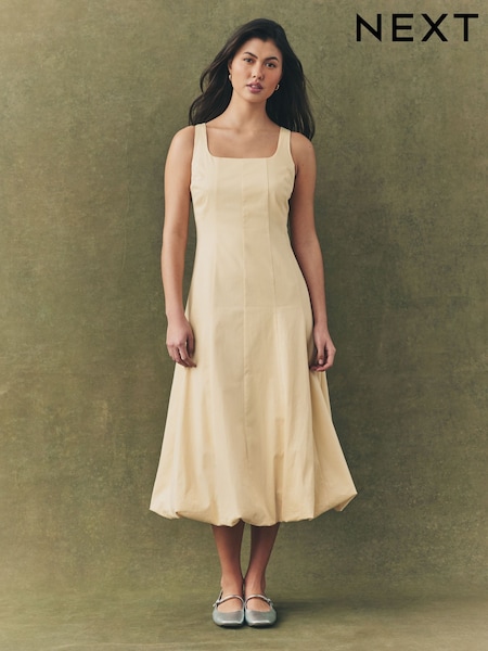 Lemon Yellow Square Neck Puff Hem Midi Dress (AW4042) | £85