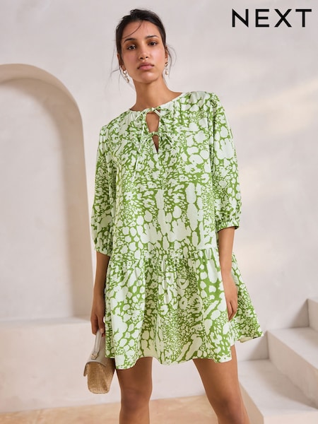 Green & White Spot Tie Front Tiered Mini Dress (AW4051) | £32