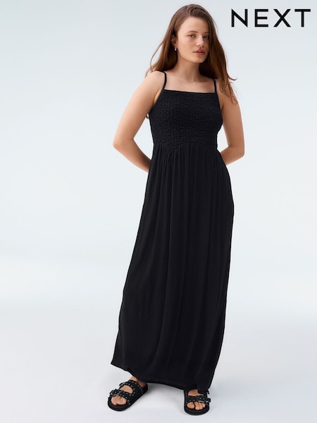 Black Strappy Shirred Jersey Maxi Dress (AW4054) | £32