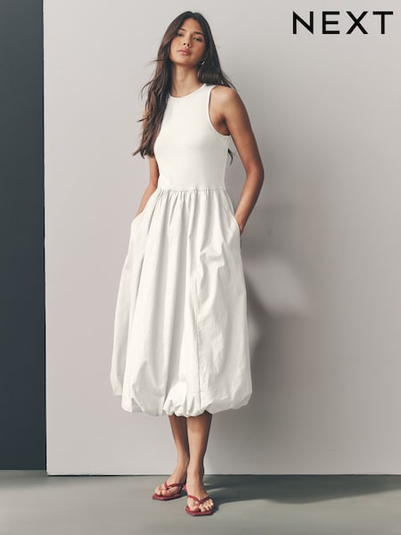 White Sleeveless Racer Puffball 100% Cotton Midi Dress (AW4055) | £42