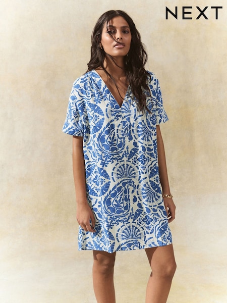 Blue Paisley Print Kaftan Mini Dress with Linen (AW4072) | £32