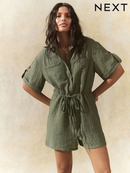 Khaki Green Short Sleeve Textured Utility Playsuit (AW4074) | £30