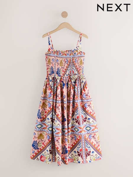 Pink Paisley Print Square Neck Shirred Poplin Midi Dress (AW4077) | £68