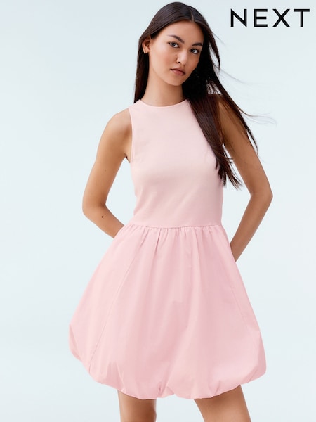 Light Pink Puffball Hem Woven Jersey Mix 100% Cotton Mini Dress (AW4080) | £38