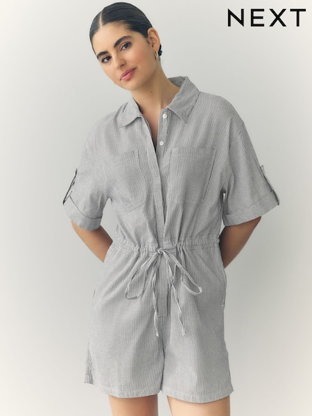 Blue/White Stripe Short Sleeve Textured Utility Playsuit (AW4089) | £32