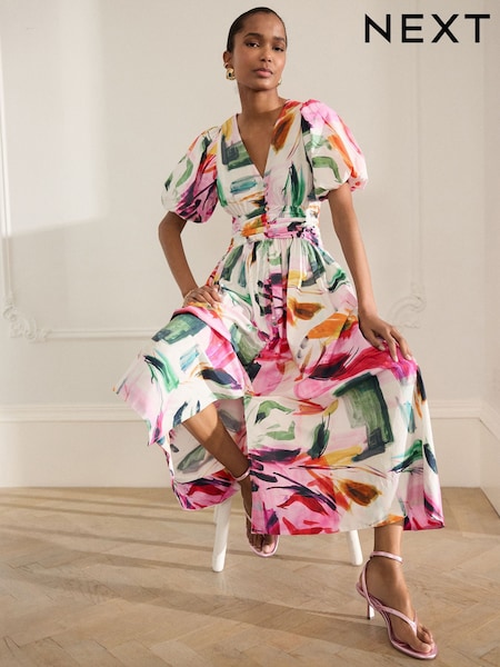Pink Abstract Print Puff Sleeve Button Down Occasion Maxi 100% Cotton Dress (AW4091) | £76