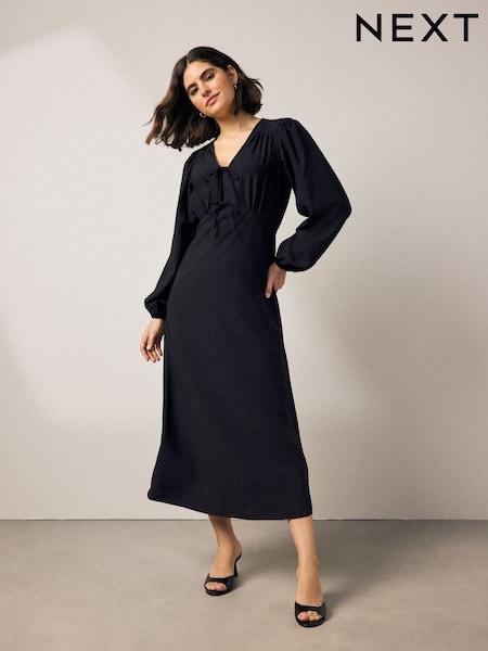 Black Long Sleeve Tie Front Midi Dress (AW4097) | £37