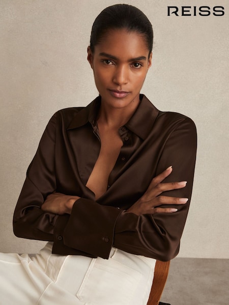 Reiss Chocolate Hailey Silk Double-Cuff Button-Through Shirt (AW4151) | £198