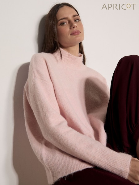 Pink - Apricot Bouclé Knit Mock Neck Jumper