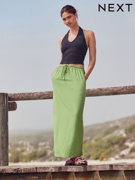 Green Tie Waist Maxi Skirt With Linen (AW4382) | £24