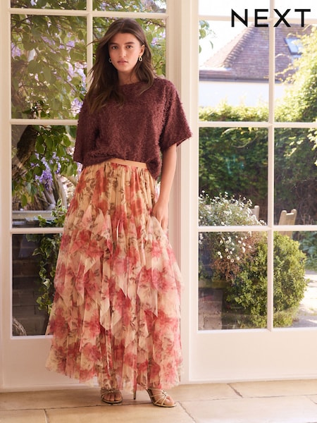 Pink Ruffled Mesh Maxi Skirt (AW4385) | £72