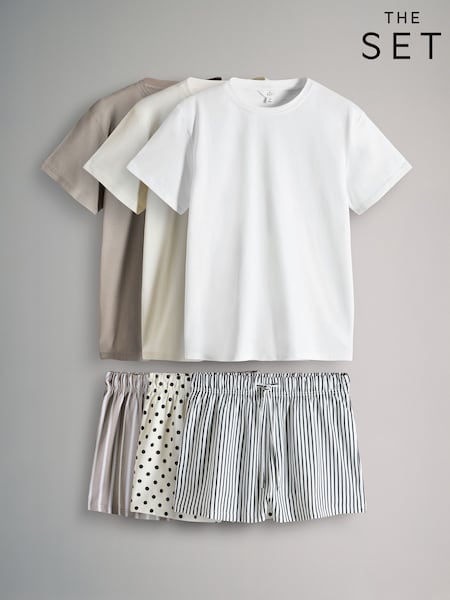 The Set Taupe Stripe/Blue Stripe/Spot Shortie Pyjamas 3 Pack Set (AW4422) | £25