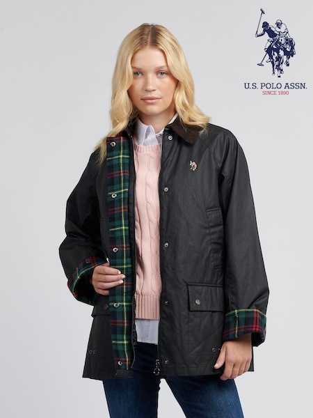 U.S. Polo Assn. Black Womens Waxed 100% Cotton Short Parka (AW4441) | £175