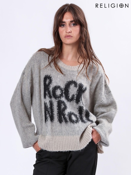 Religion Grey Oversized Heart Jumper with Rock N Roll Jacquard (AW4443) | £76