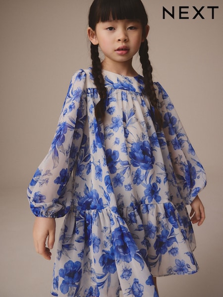 Blue Floral Long Sleeve Chiffon Dress (3-16yrs) (AW4617) | £34 - £40