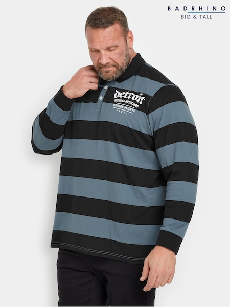 BadRhino Big & Tall Blue 'Detroit' Print Stripe Rugby Polo Shirt (AW4749) | £34