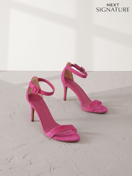 Pink Signature Premium Leather Round Toe Buckle Detail Mid Simple Sandals (AW4757) | £60