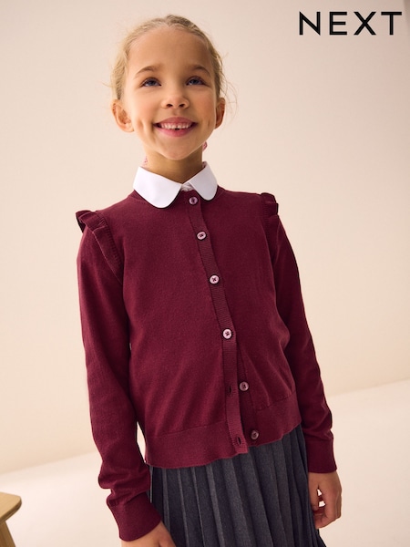 Burgundy Red Cotton Rich Frill Shoulder School Cardigan (3-16yrs) (AW4883) | £10 - £15