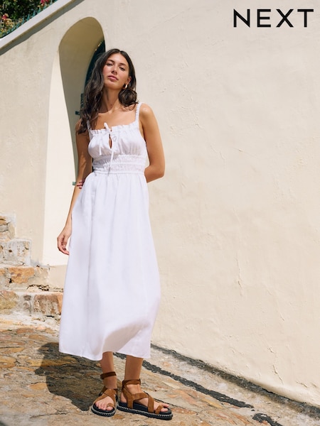 White 100% Linen Midi Dress (AW5036) | £65