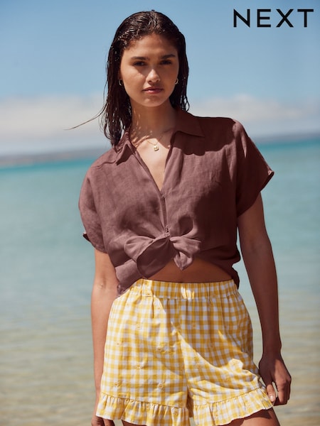 Chocolate Brown 100% Linen Tie Front Short Sleeve Shirt (AW5061) | £42
