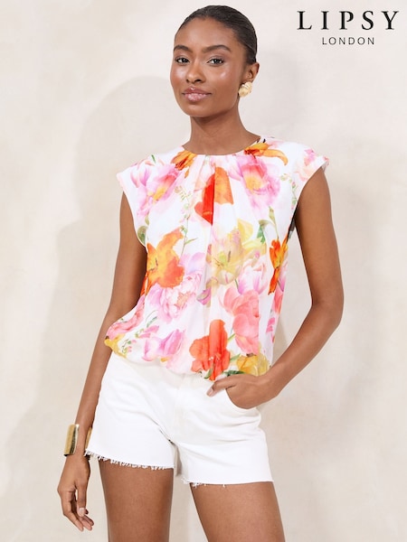 Lipsy White Floral Sleeveless Bubble Hem Printed Top (AW5170) | £39