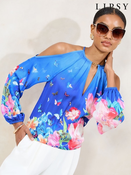 Lipsy Blue Printed Satin Cold Shoulder Top (AW5177) | £42