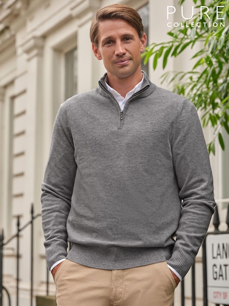 Pure Collection Grey Cashmere Quarter Zip Sweater (AW5249) | £175