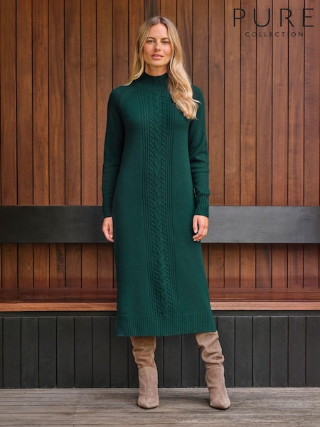 Pure Collection Green Wool Cashmere Knit Midi Dress (AW5253) | £160