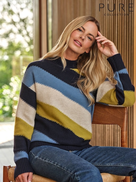 Pure Collection Blue Wool Cashmere Diagonal Stripe Sweater (AW5256) | £130