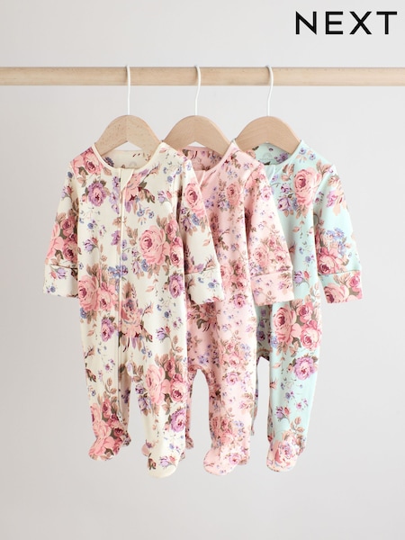 Pink/Green Floral 100% Cotton Popper Baby Sleepsuits 3 Pack (AW5318) | £19 - £20