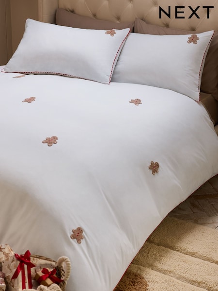 Natural Cotton Christmas Gingerbread Crochet Duvet Cover and Pillowcase Set (AW5421) | £40 - £70