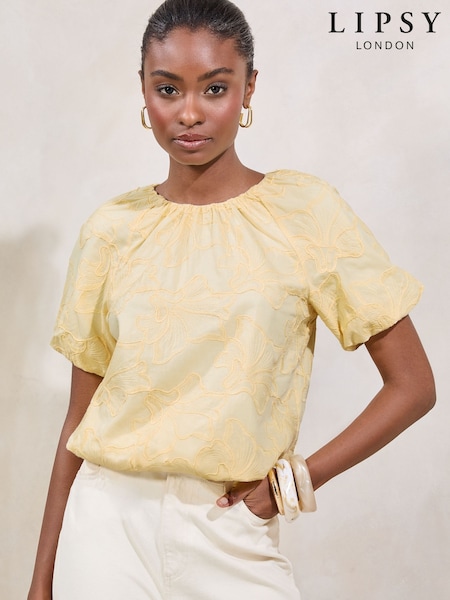 Lipsy Buttermilk Yellow Bubble Hem Puff Sleeve Embroidered T-Shirt (AW5571) | £38