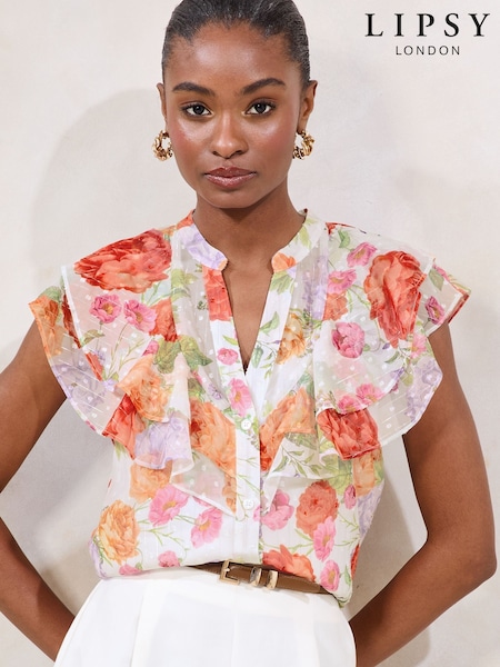 Lipsy White Printed Ruffle Short Sleeve Grandad Collar Top (AW5586) | £36