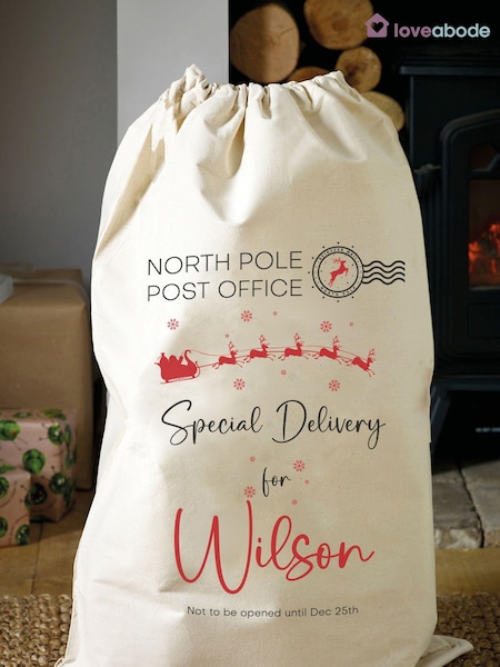 Personalised 100% Cotton Initial & Santa Sack by Loveabode (AW5636) | £22