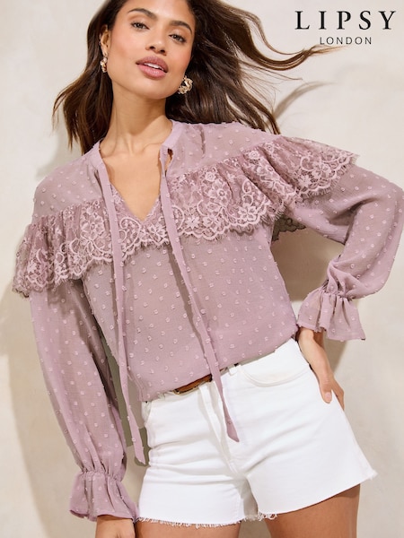 Lipsy Lilac Lace Detail Tie Neck Long Sleeve Blouse (AW5733) | £40