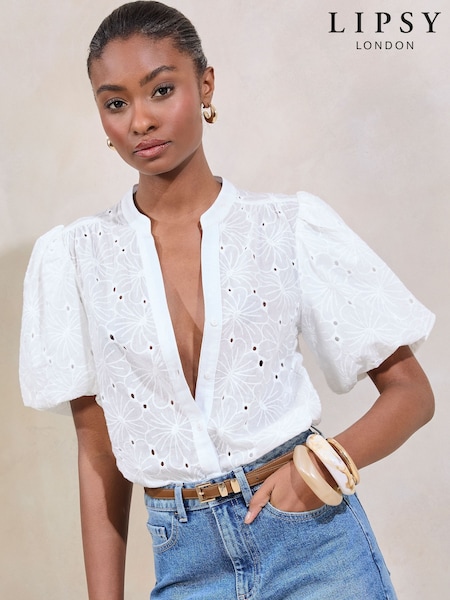 Lipsy White Brodierie Puff Sleeve Blouse (AW5767) | £36