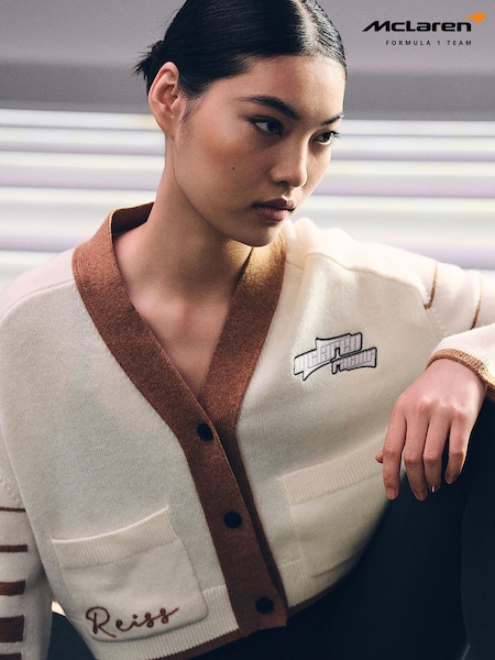Reiss Off White/Camel Drive McLaren F1 Team Crop Varsity Cardigan (AW5775) | £188