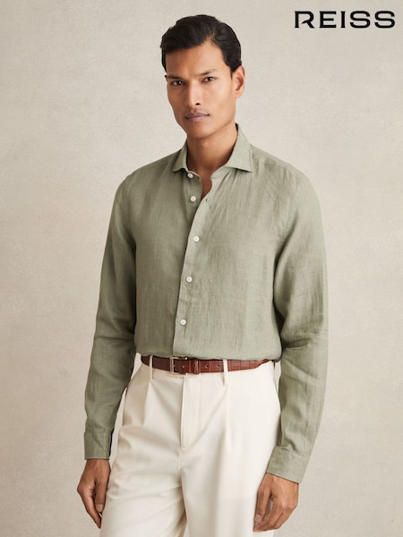Reiss Thyme Green Ruban Linen Striped Cutaway-Collar Shirt (AW5793) | £98