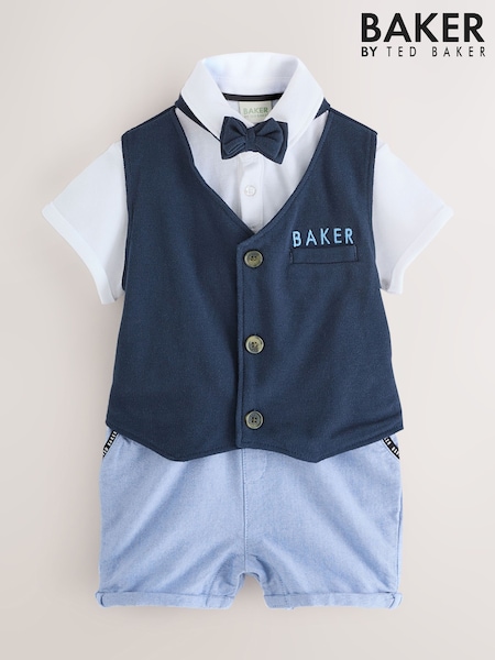 Baker by Ted Baker Blue 100% Cotton Smart Bow Tie Rompersuit (AW5815) | £32 - £35