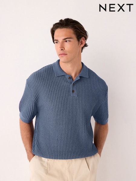 Blue Regular Fit Cotton Rich Short Sleeve Knit Bouclé Polo Shirt (AW5933) | £0