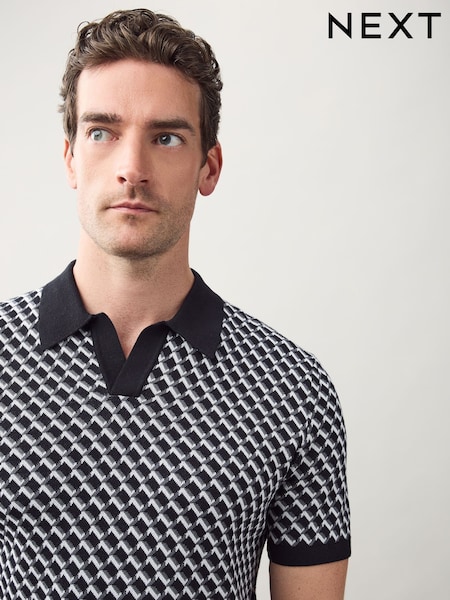 Black/White Regular Fit Short Sleeve Geometric Pattern Knit Trophy Polo Shirt (AW5934) | £0
