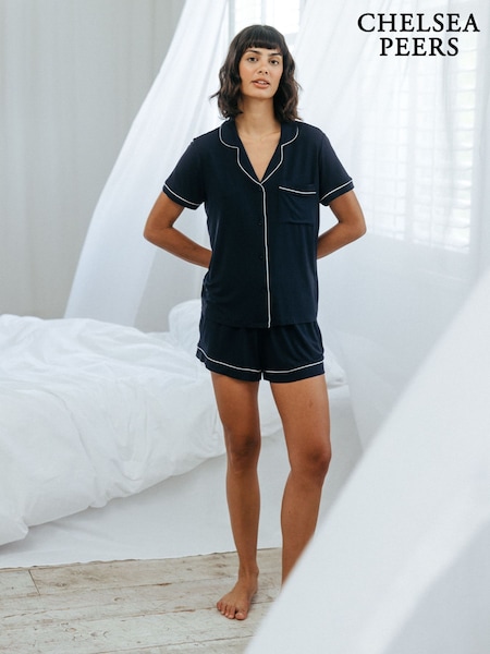 Chelsea Peers Blue TENCEL™ Modal Short Button Up Pyjamas Set (AW6155) | £45