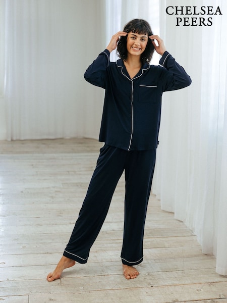 Chelsea Peers Blue TENCEL™ Modal Long Button Up Pyjamas Set (AW6166) | £55