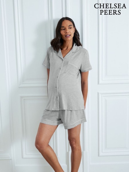 Chelsea Peers Grey Maternity TENCEL™ Modal Short Button Up Pyjamas Set (AW6193) | £45