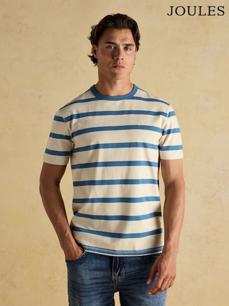 Rugby Club Cream/Blue Crew Neck Cotton T-Shirt (AW6398) | £26