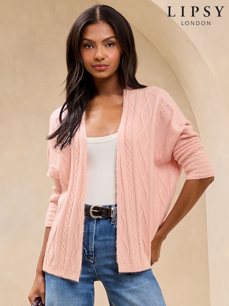Lipsy Pink Petite Knitted Pretty Stitch Crochet Long Cardigan (AW6402) | £46