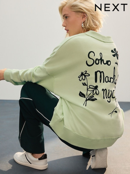 Green NYC Back Graphic Boyfriend Oversized Varsity Style Jersey Longline Cardigan (AW6427) | £38